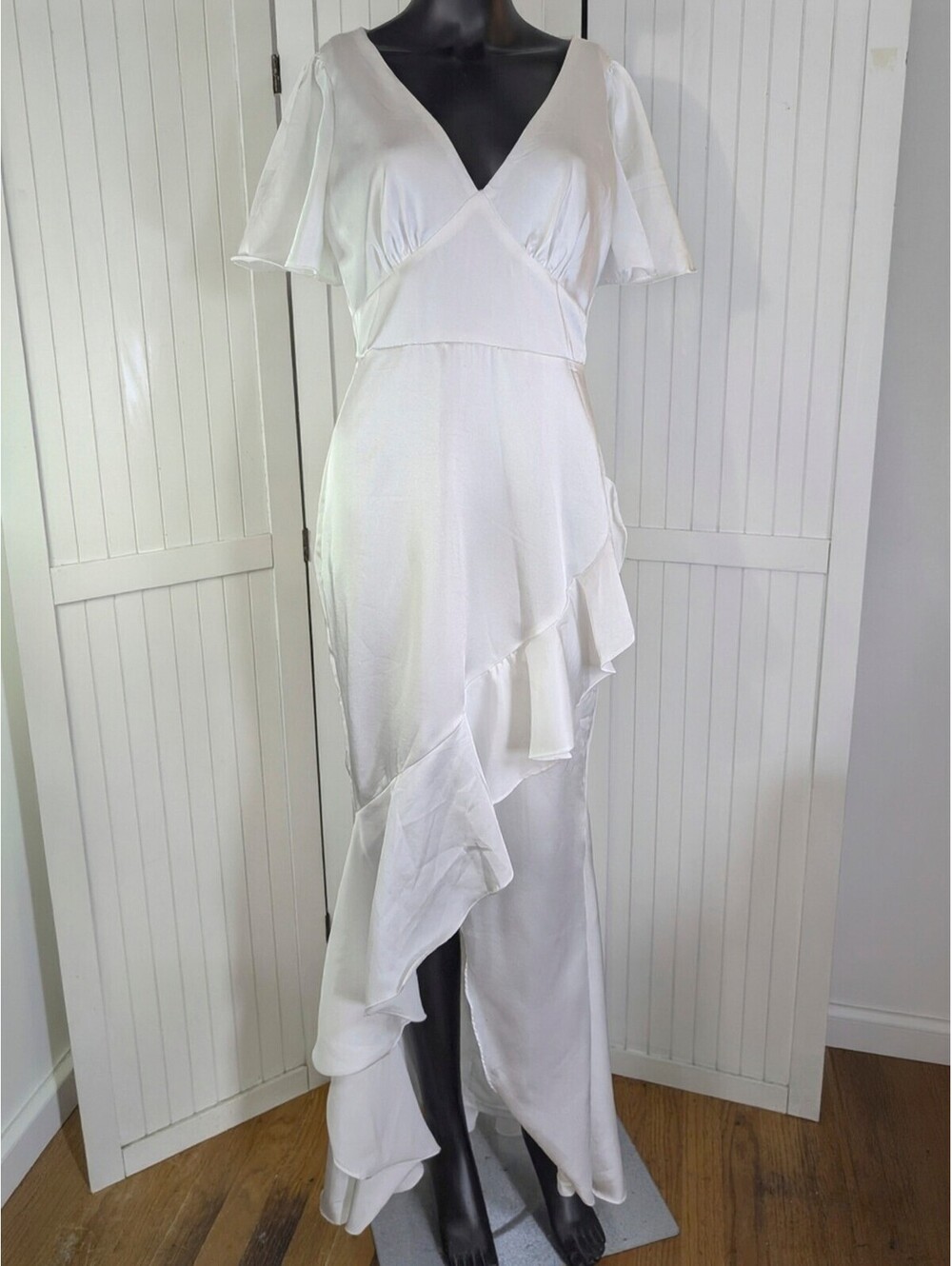 Lulus Eternal Bond White Satin Ruffle Maxi Dress Bridal Wedding M NWT